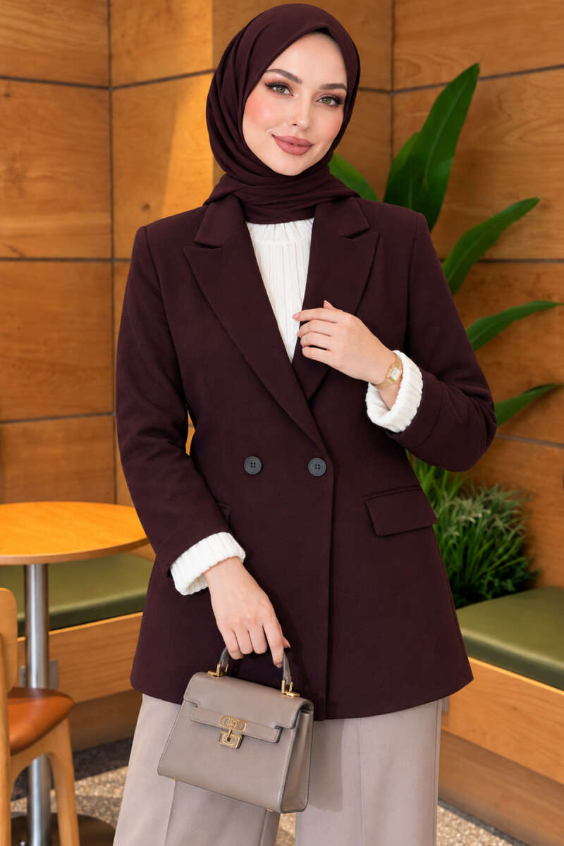 Button Blazer with Striped Lining - Plum