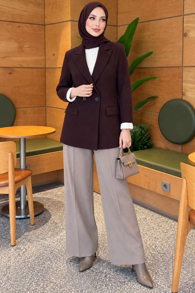Button Blazer with Striped Lining - Plum