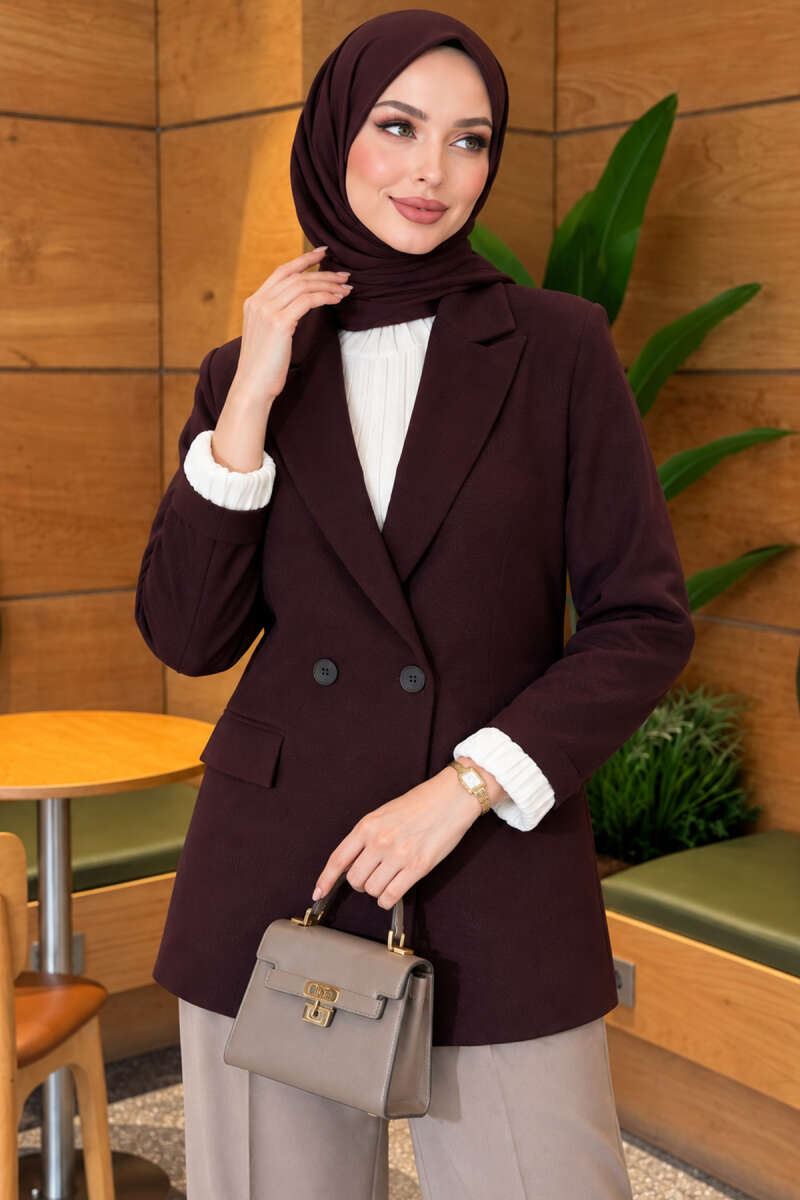 Button Blazer with Striped Lining - Plum