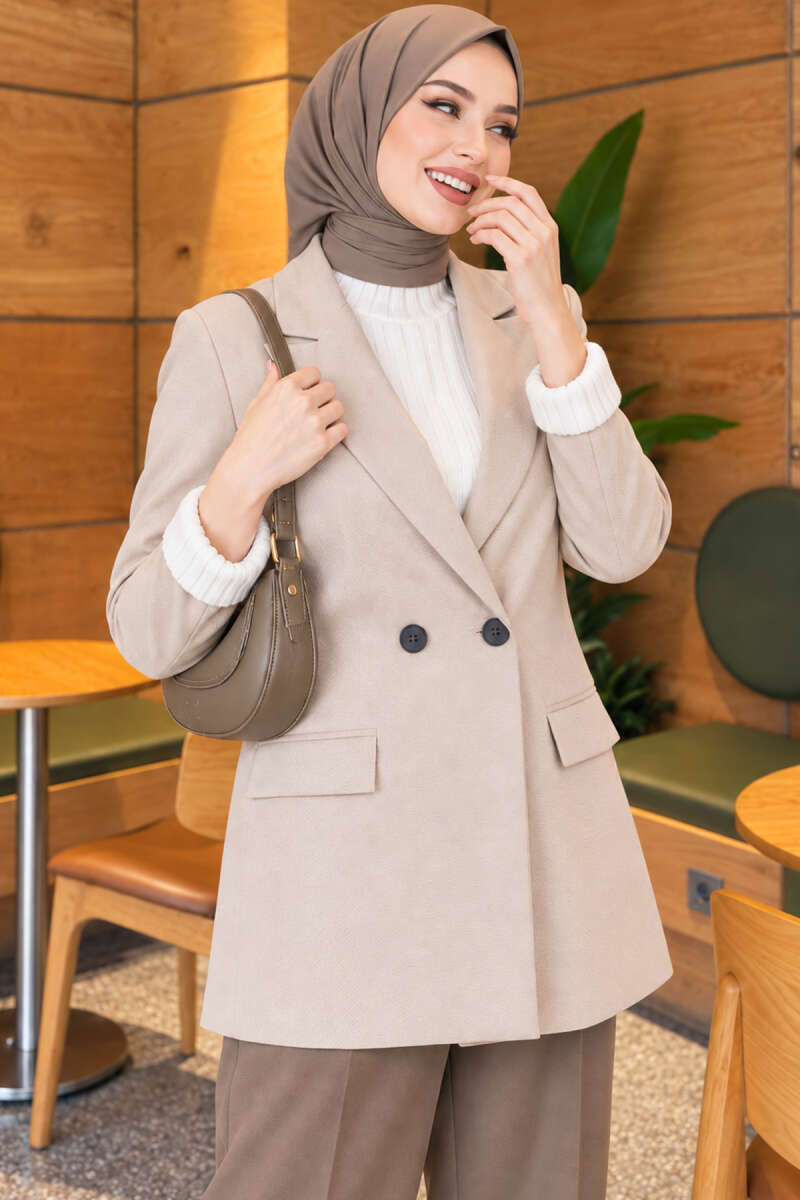 Button Blazer with Striped Lining - Stone