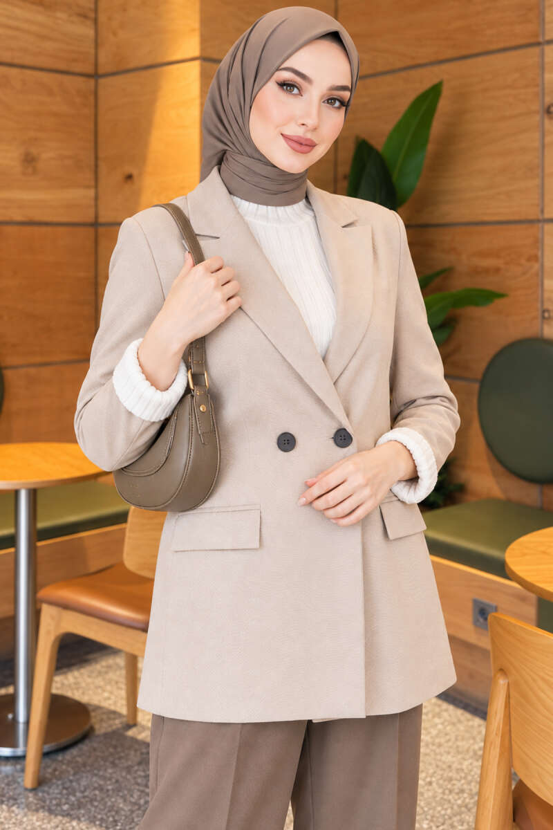 Button Blazer with Striped Lining - Stone