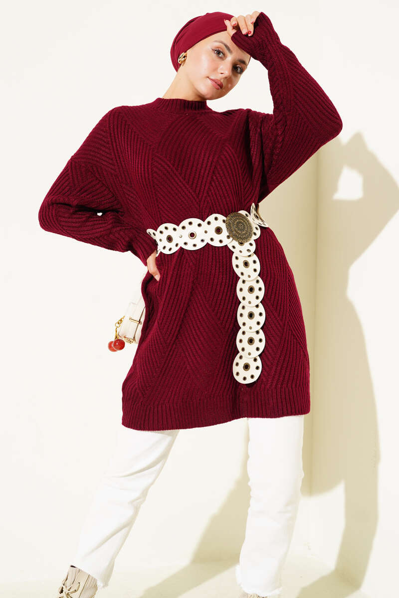 Striped Diamond-Pattern Knit Tunic - Burgundy