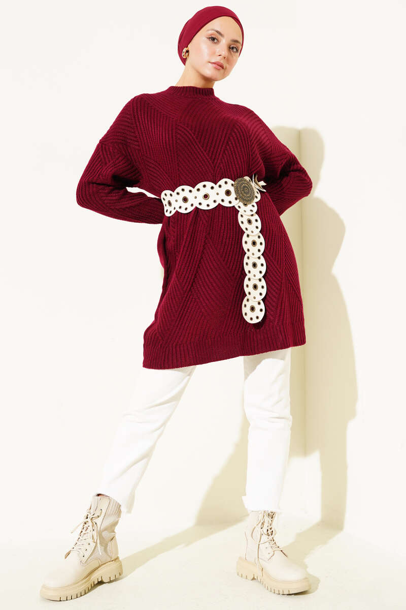 Striped Diamond-Pattern Knit Tunic - Burgundy