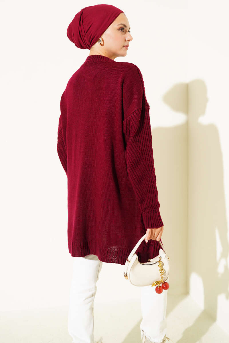 Striped Diamond-Pattern Knit Tunic - Burgundy