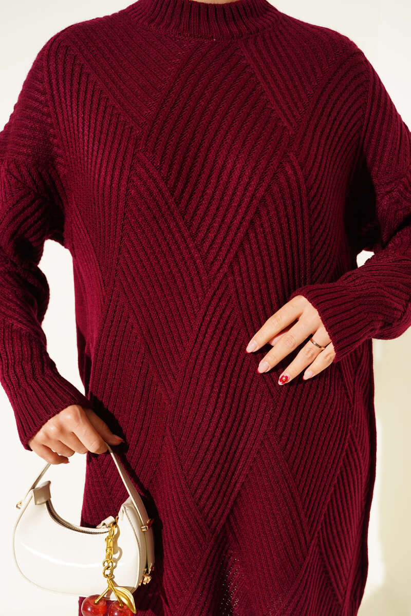 Striped Diamond-Pattern Knit Tunic - Burgundy
