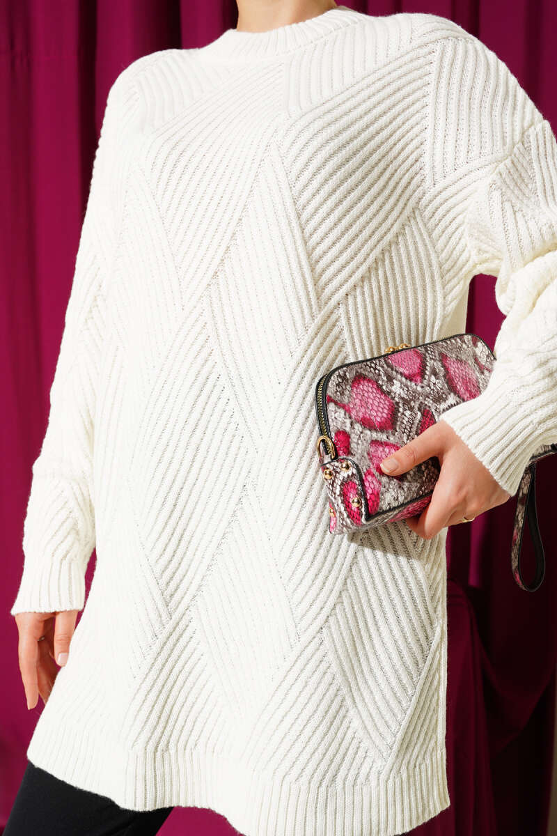 Striped Diamond-Pattern Knit Tunic - Ecru