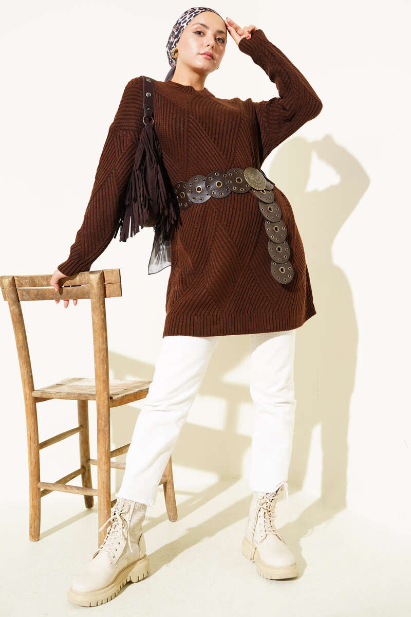 Striped Diamond-Pattern Knit Tunic - Brown
