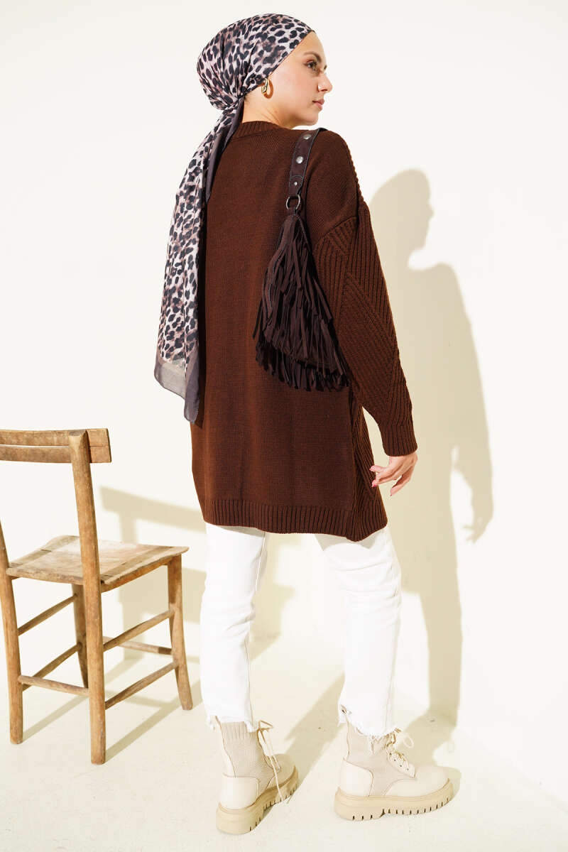 Striped Diamond-Pattern Knit Tunic - Brown