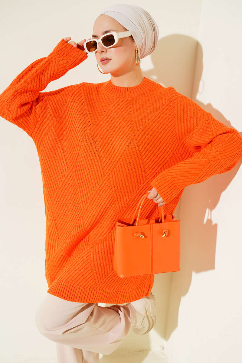 Striped Diamond-Pattern Knit Tunic - Orange