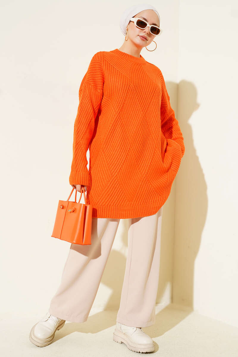 Striped Diamond-Pattern Knit Tunic - Orange