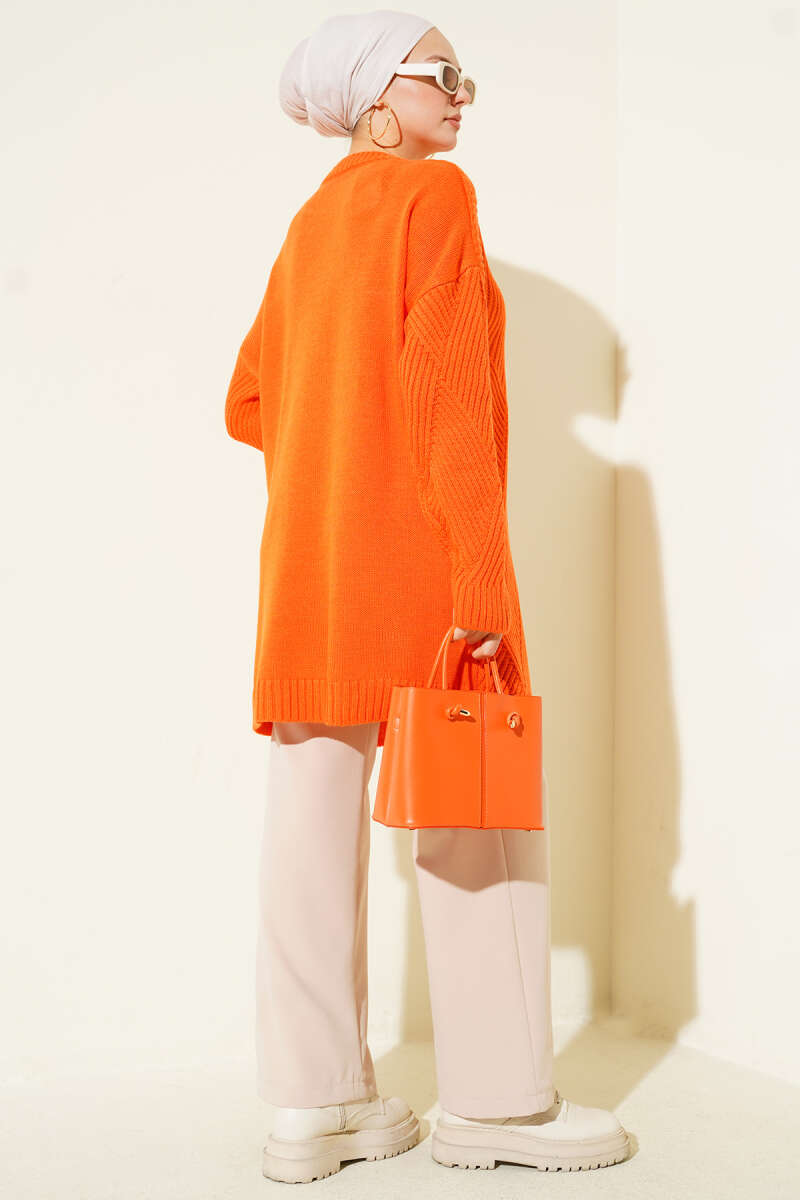 Striped Diamond-Pattern Knit Tunic - Orange