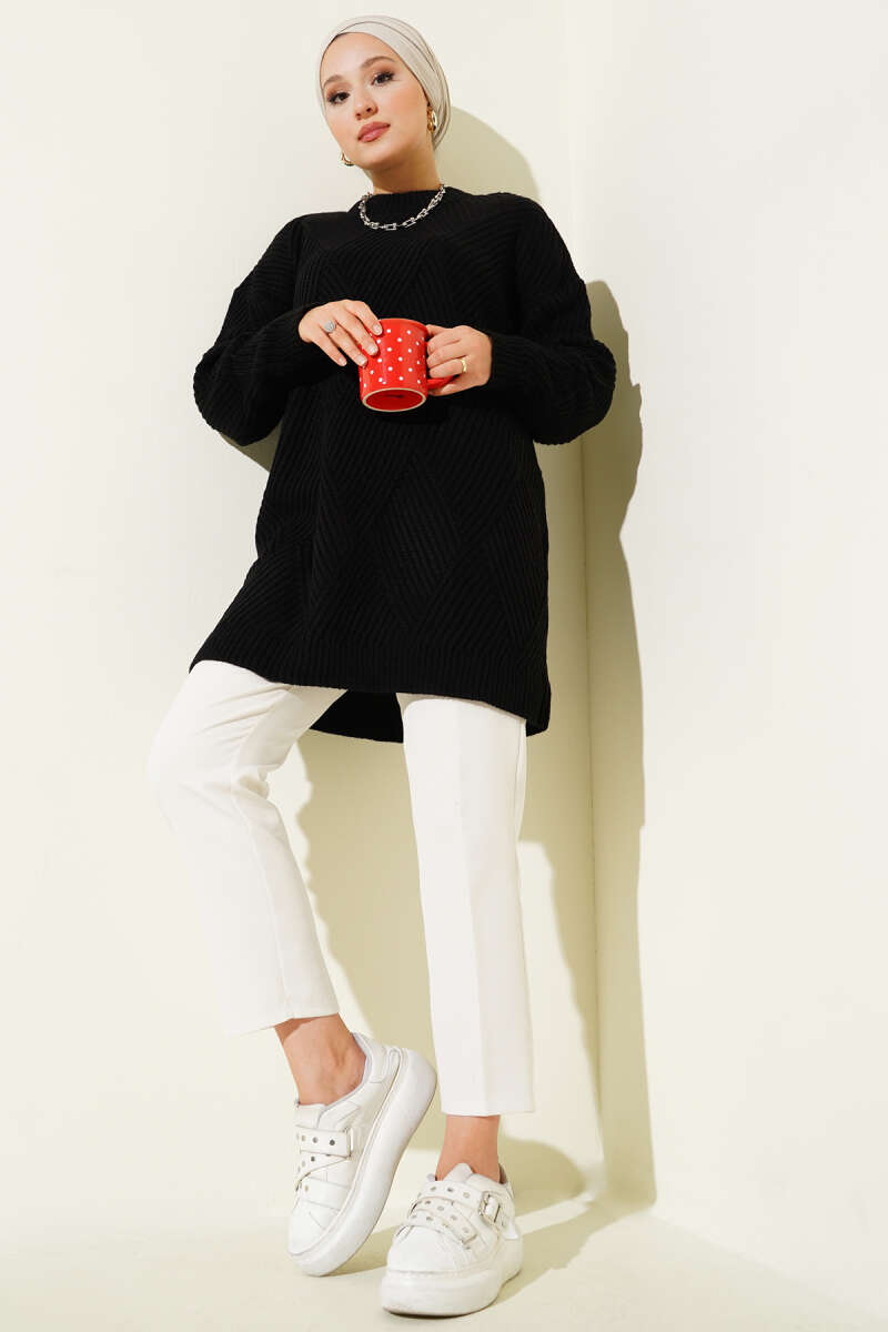 Striped Diamond-Pattern Knit Tunic - Black
