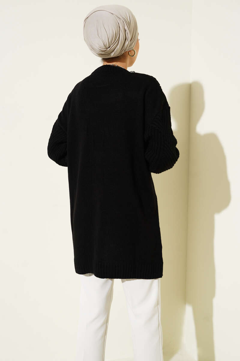 Striped Diamond-Pattern Knit Tunic - Black