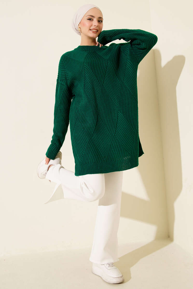 Striped Diamond-Pattern Knit Tunic - Green