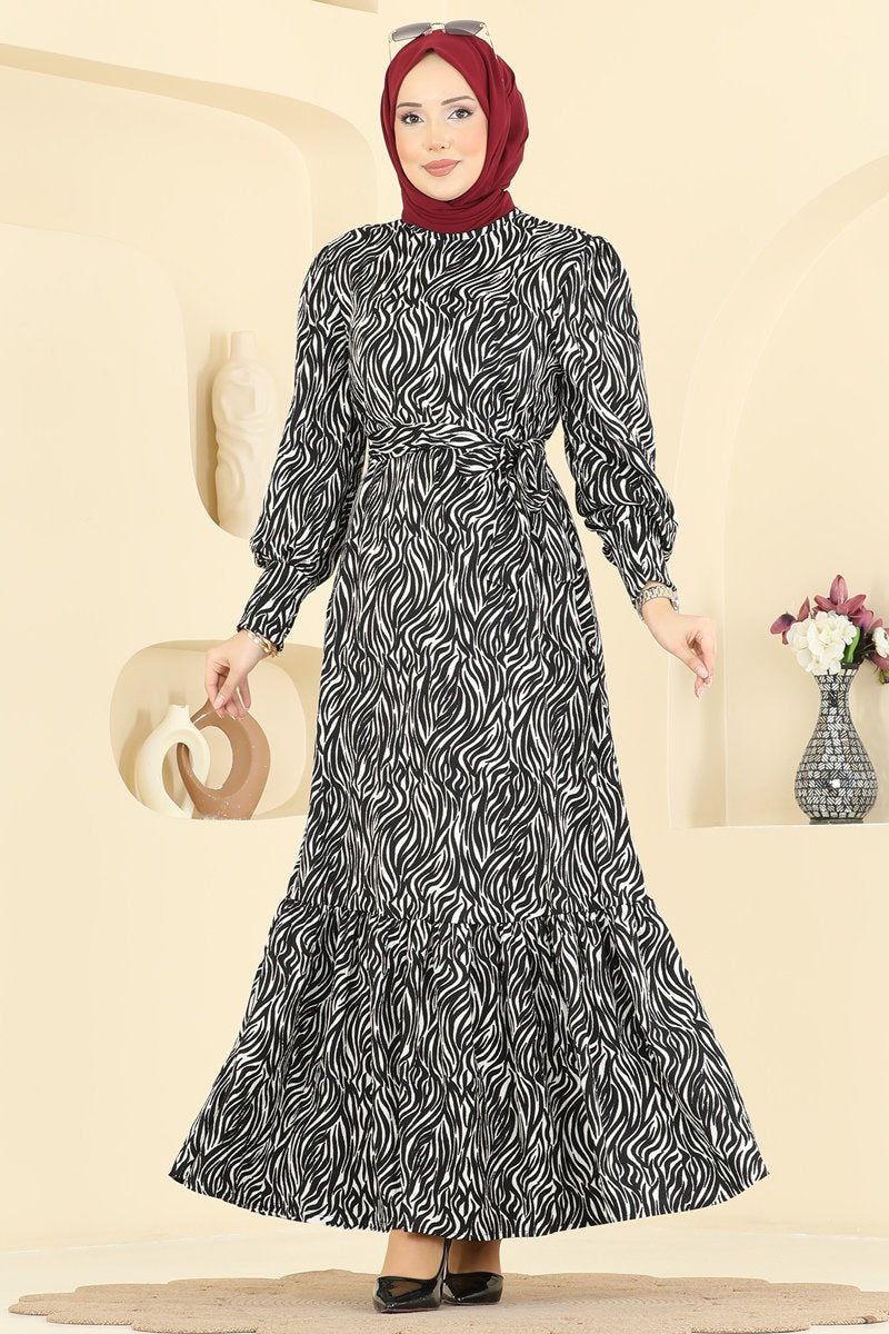 Striped Crinkle Dress with Sash - Black