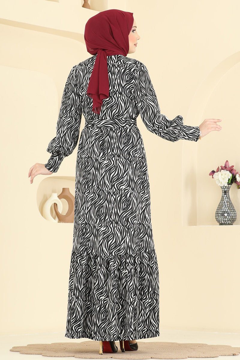 Striped Crinkle Dress with Sash - Black