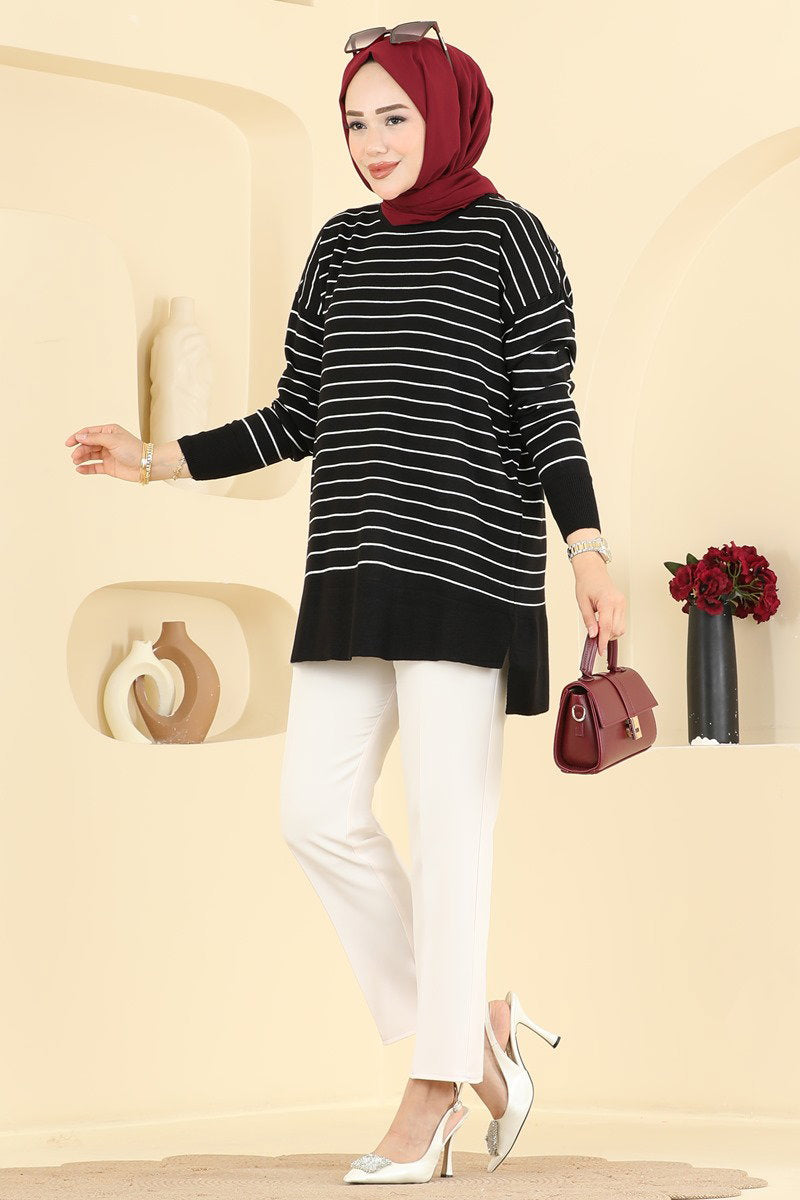 Striped Knit Tunic - Black