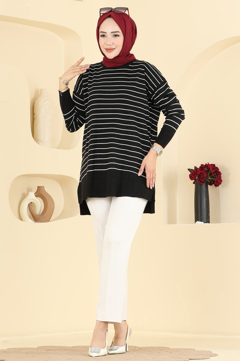 Striped Knit Tunic - Black