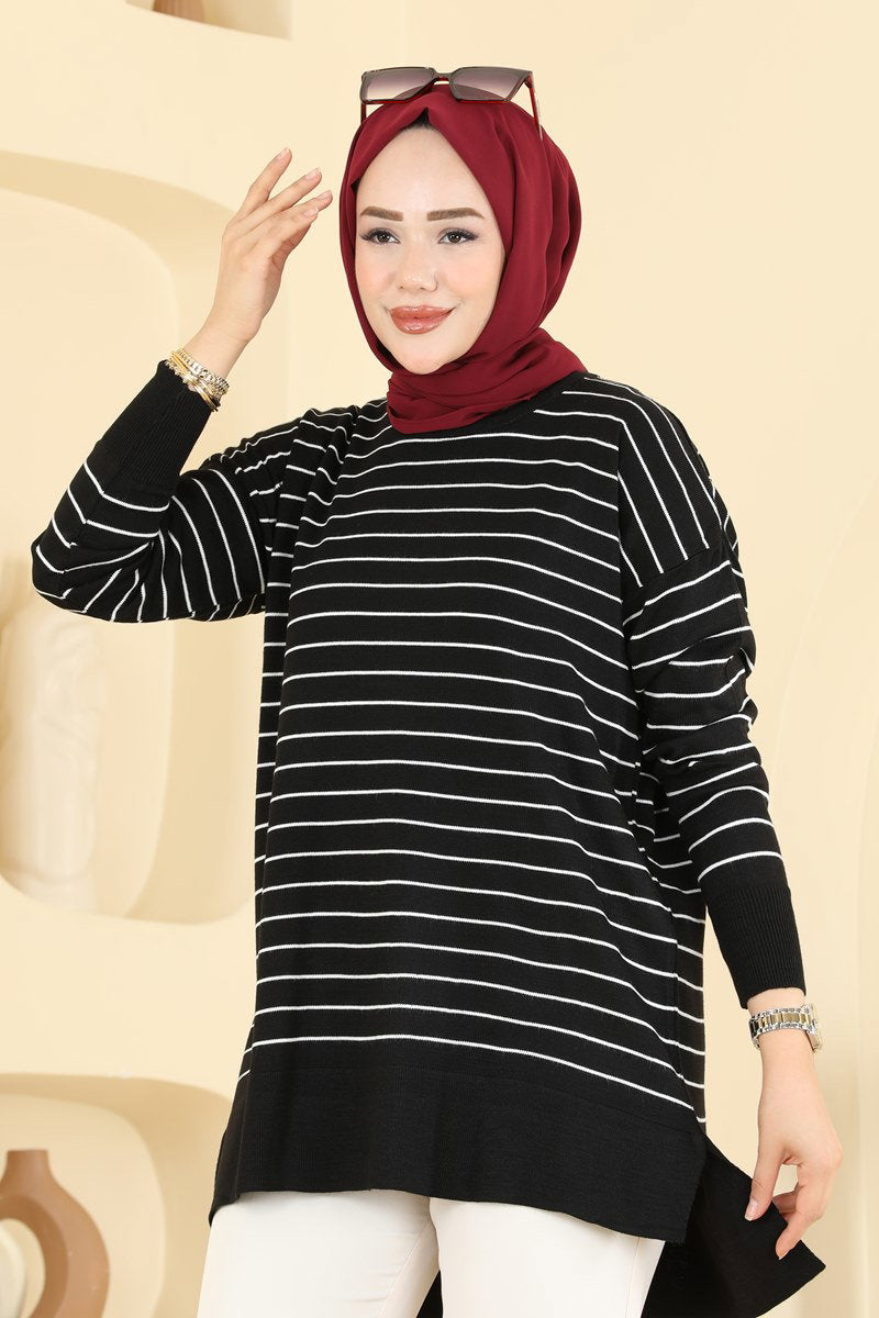 Striped Knit Tunic - Black
