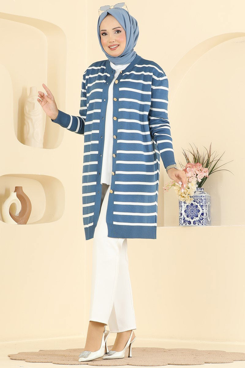 Striped Mercerised Cardigan with Pattern - Indigo