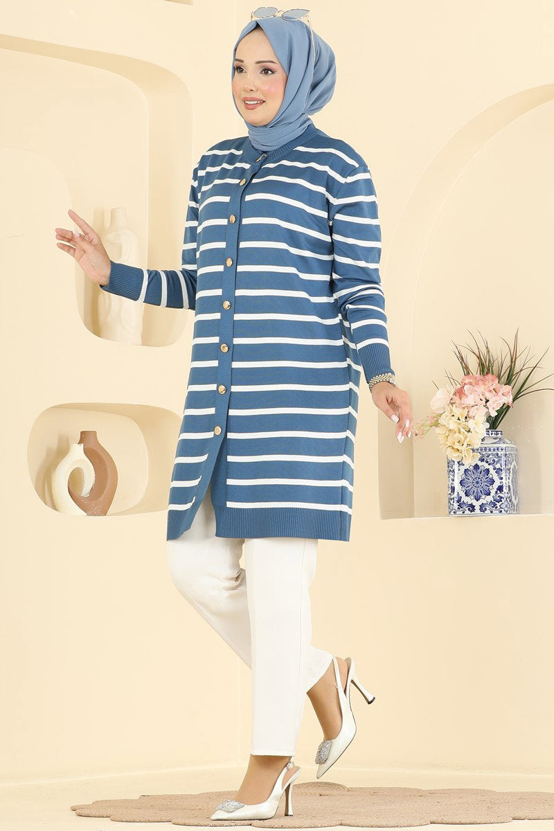 Striped Mercerised Cardigan with Pattern - Indigo