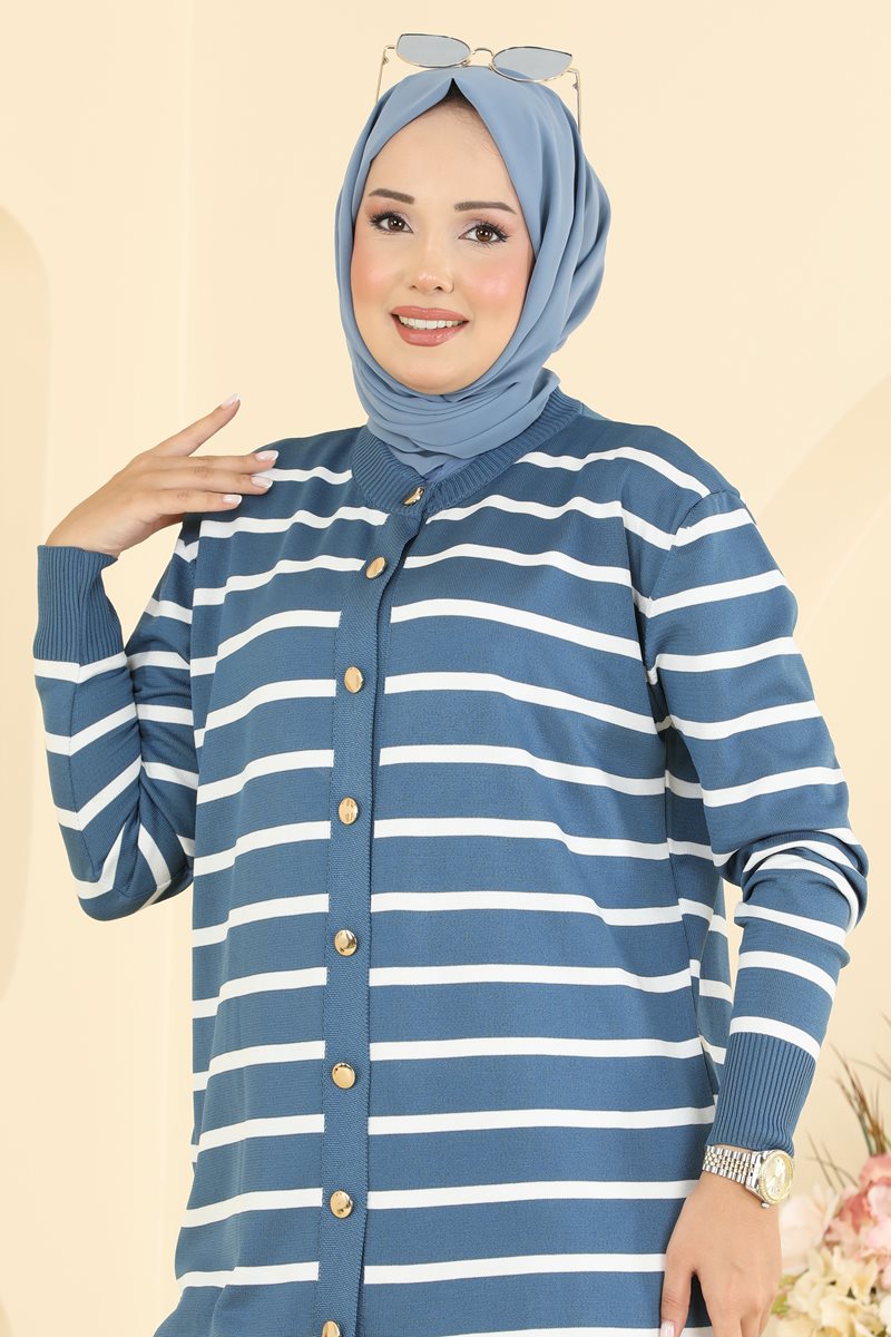 Striped Mercerised Cardigan with Pattern - Indigo