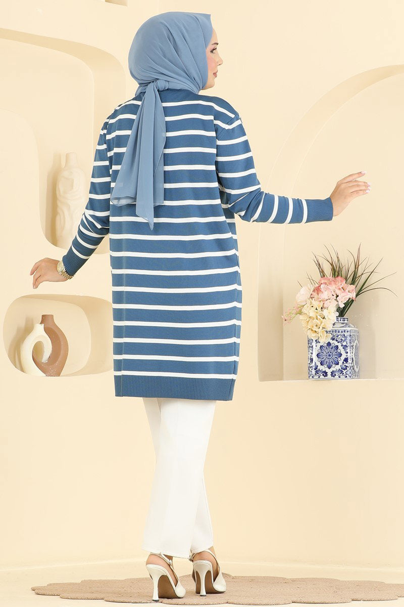 Striped Mercerised Cardigan with Pattern - Indigo