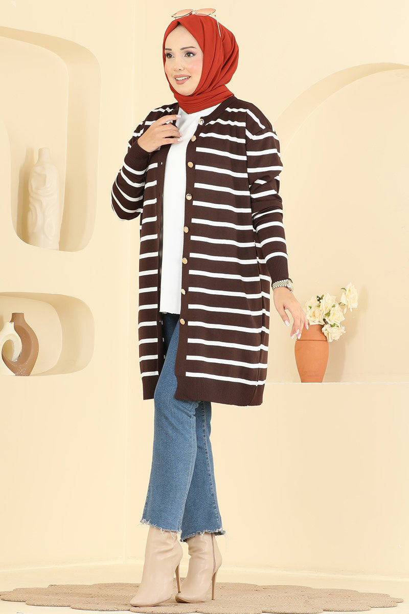 Striped Mercerised Cardigan with Pattern - Brown