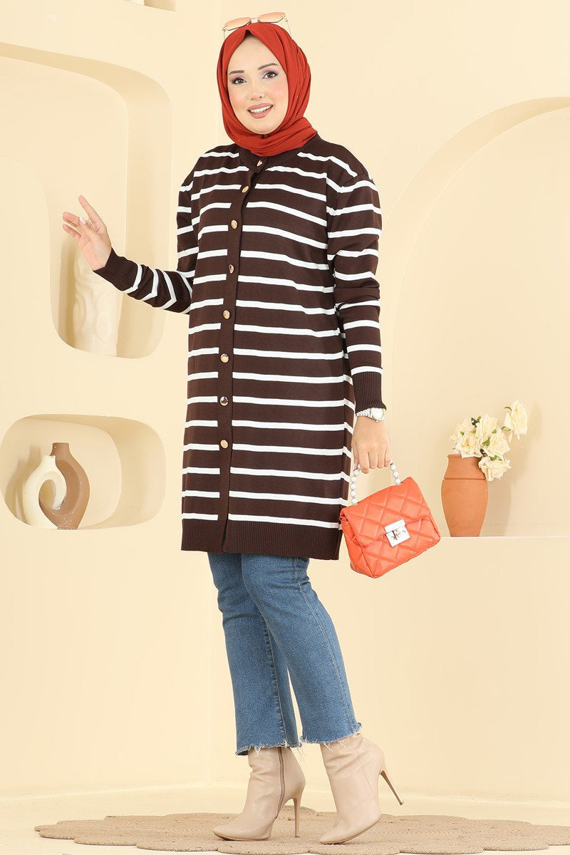 Striped Mercerised Cardigan with Pattern - Brown
