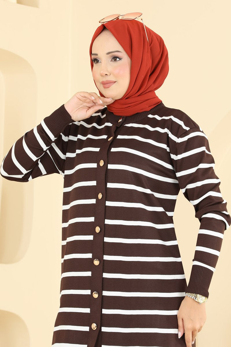 Striped Mercerised Cardigan with Pattern - Brown