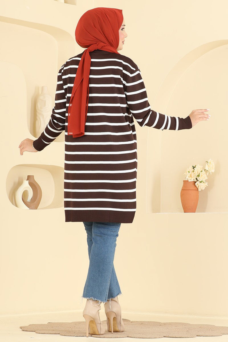 Striped Mercerised Cardigan with Pattern - Brown