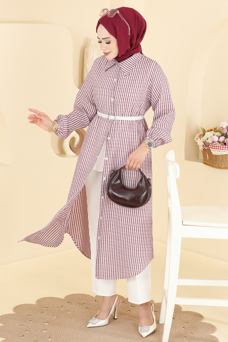 Long Striped Waffle Tunic - Burgundy