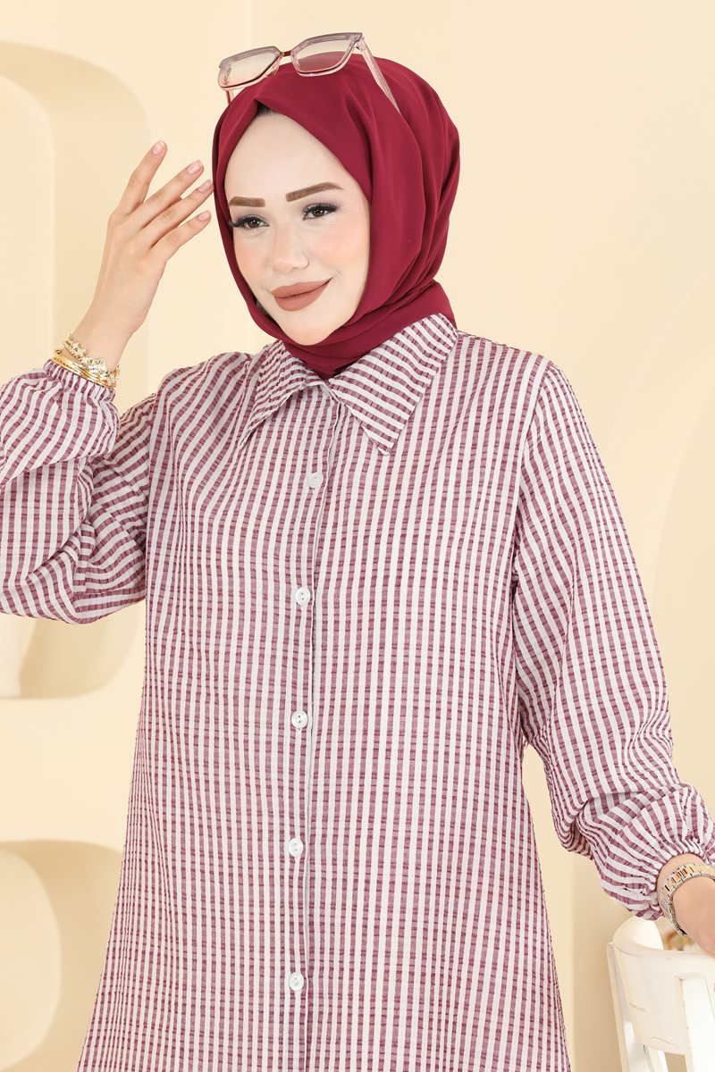 Long Striped Waffle Tunic - Burgundy