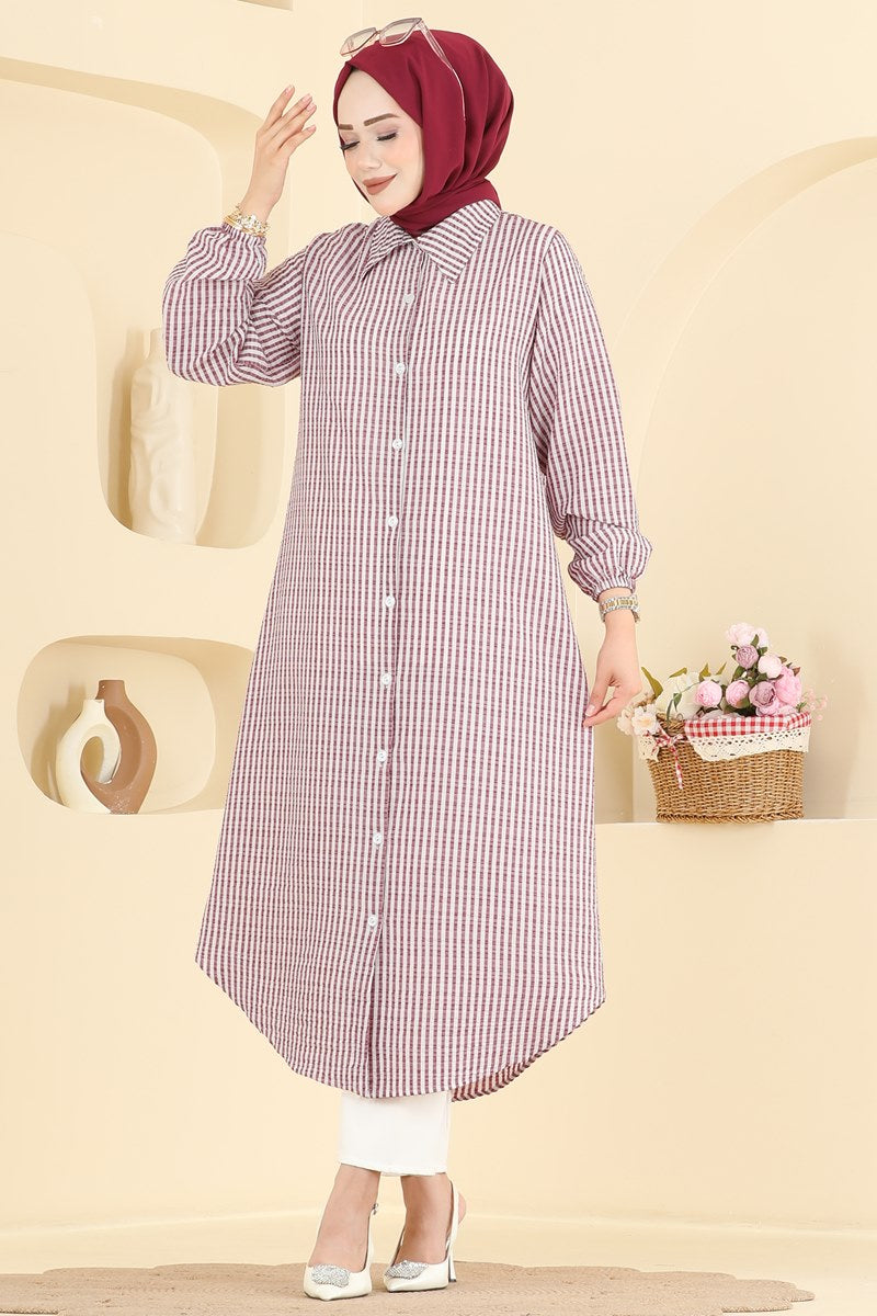 Long Striped Waffle Tunic - Burgundy
