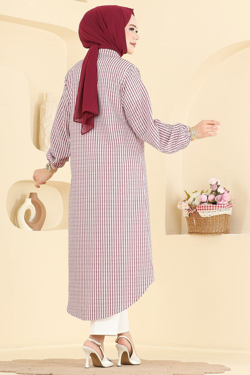 Long Striped Waffle Tunic - Burgundy