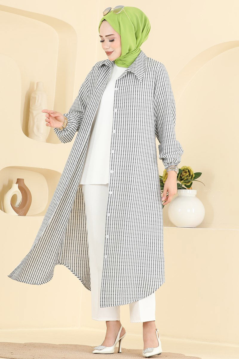 Long Striped Waffle Tunic - Black