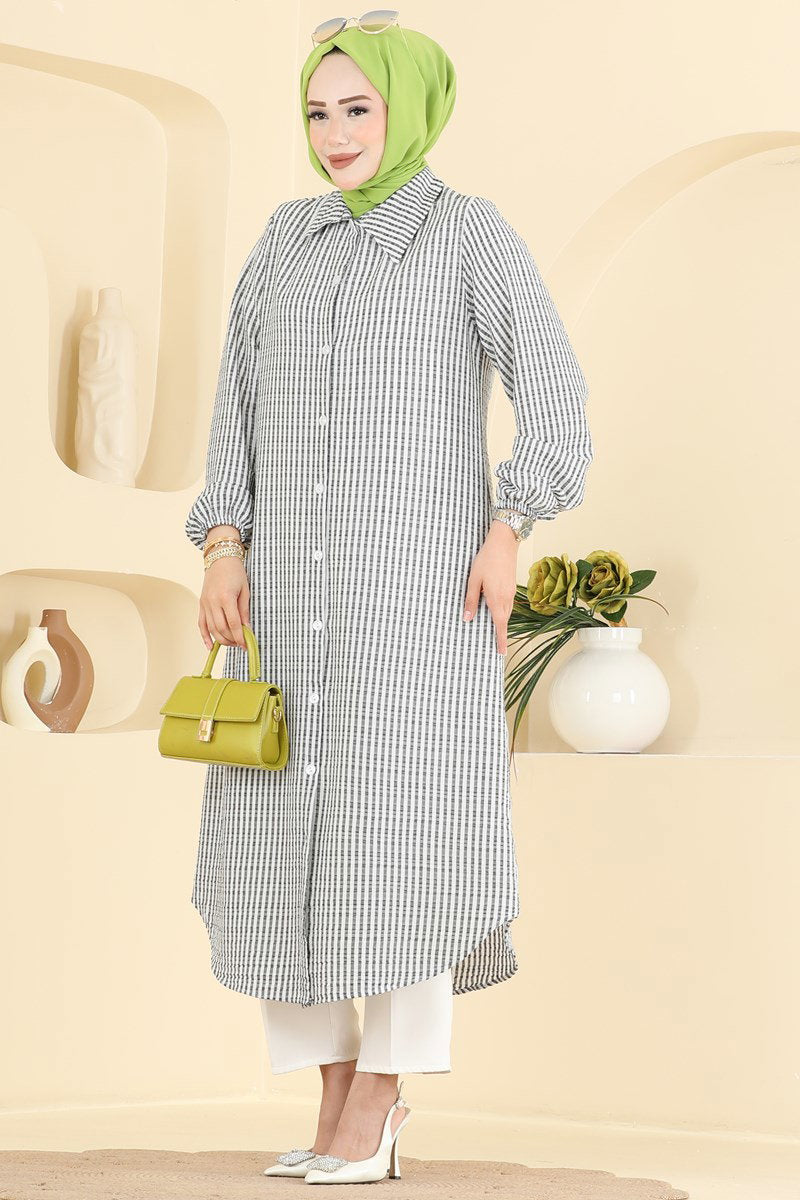Long Striped Waffle Tunic - Black
