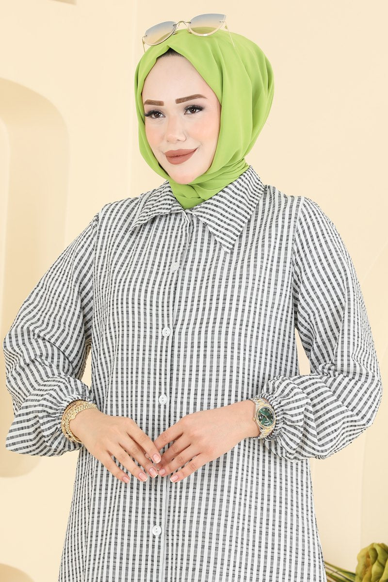 Long Striped Waffle Tunic - Black