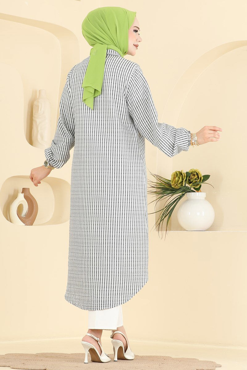 Long Striped Waffle Tunic - Black