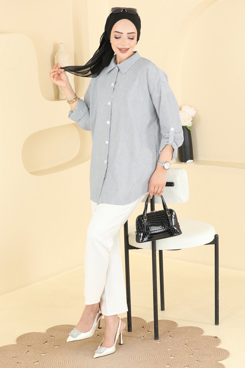 Striped Viscose Shirt - Grey