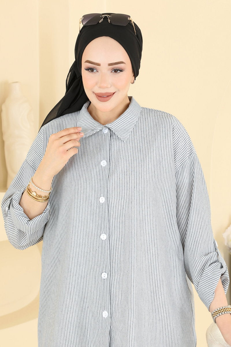 Striped Viscose Shirt - Grey