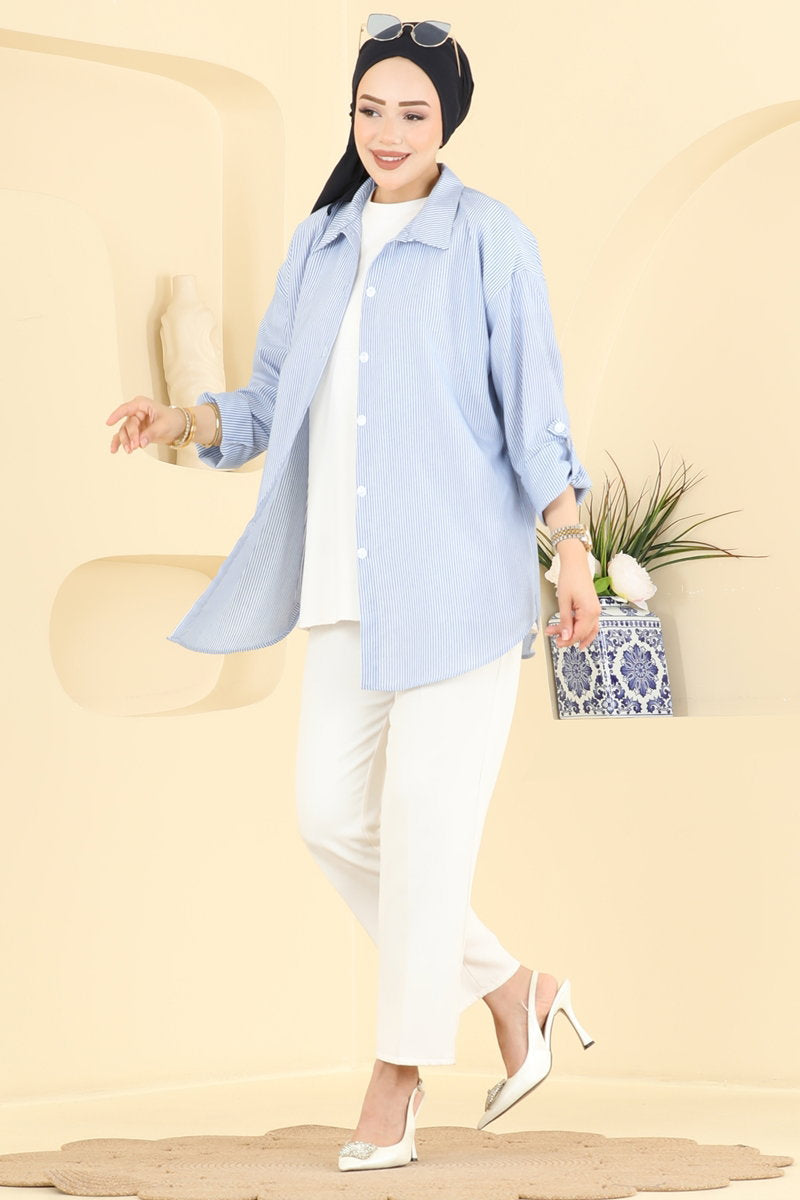 Striped Viscose Shirt - Navy