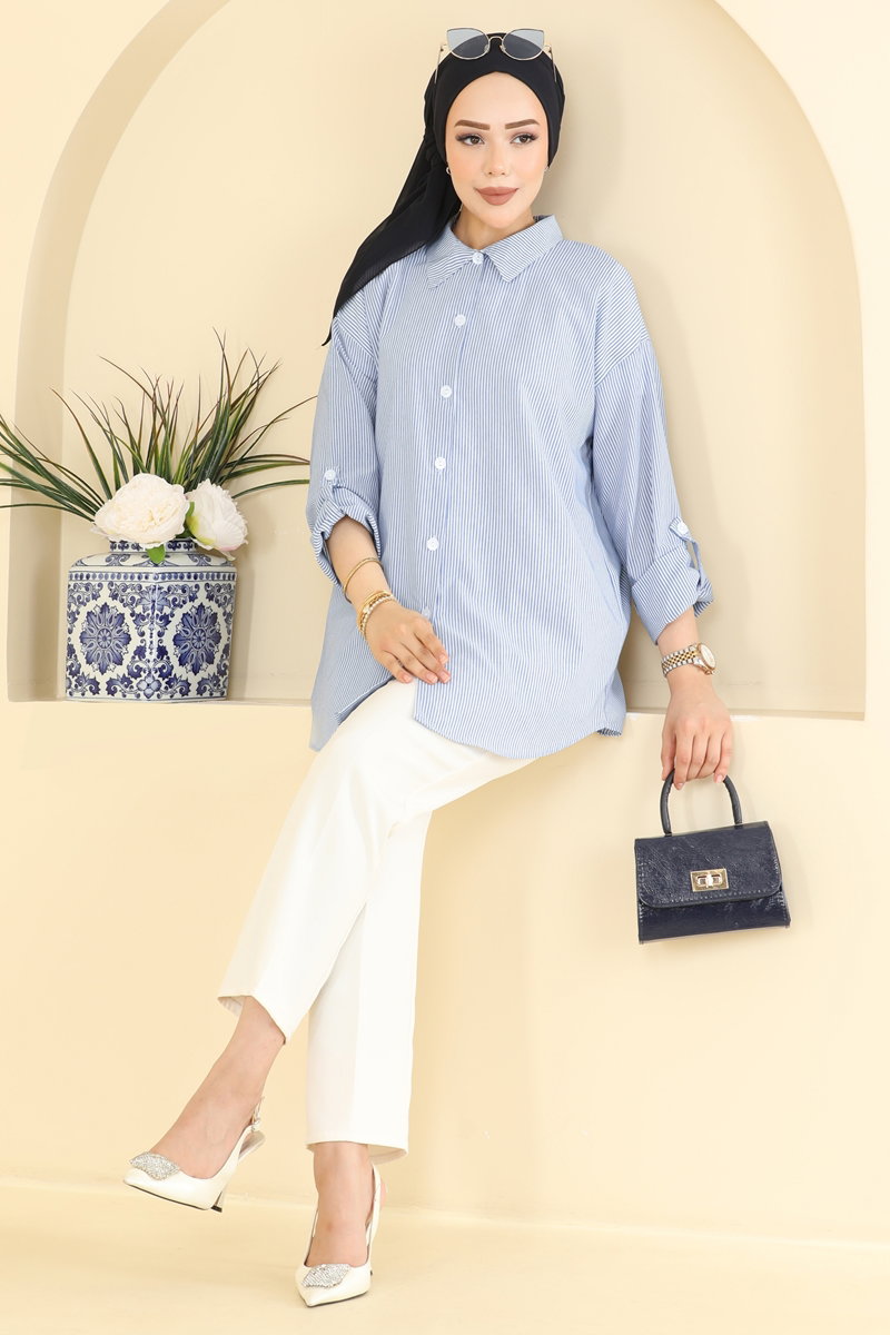 Striped Viscose Shirt - Navy