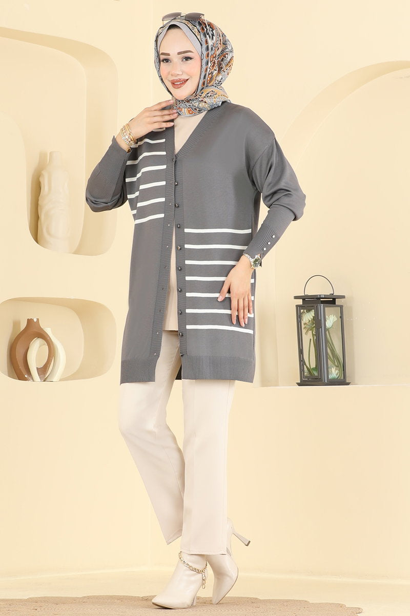 Striped Mercerised Cardigan - Charcoal