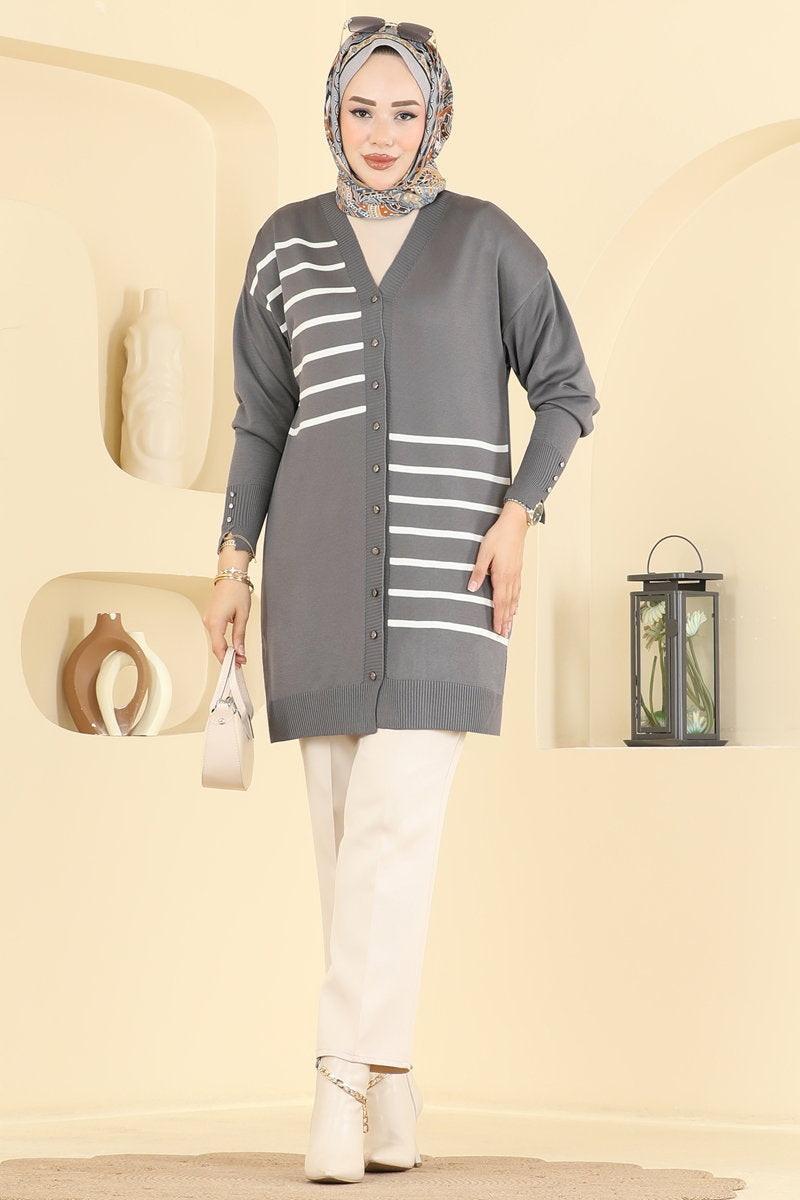 Striped Mercerised Cardigan - Charcoal