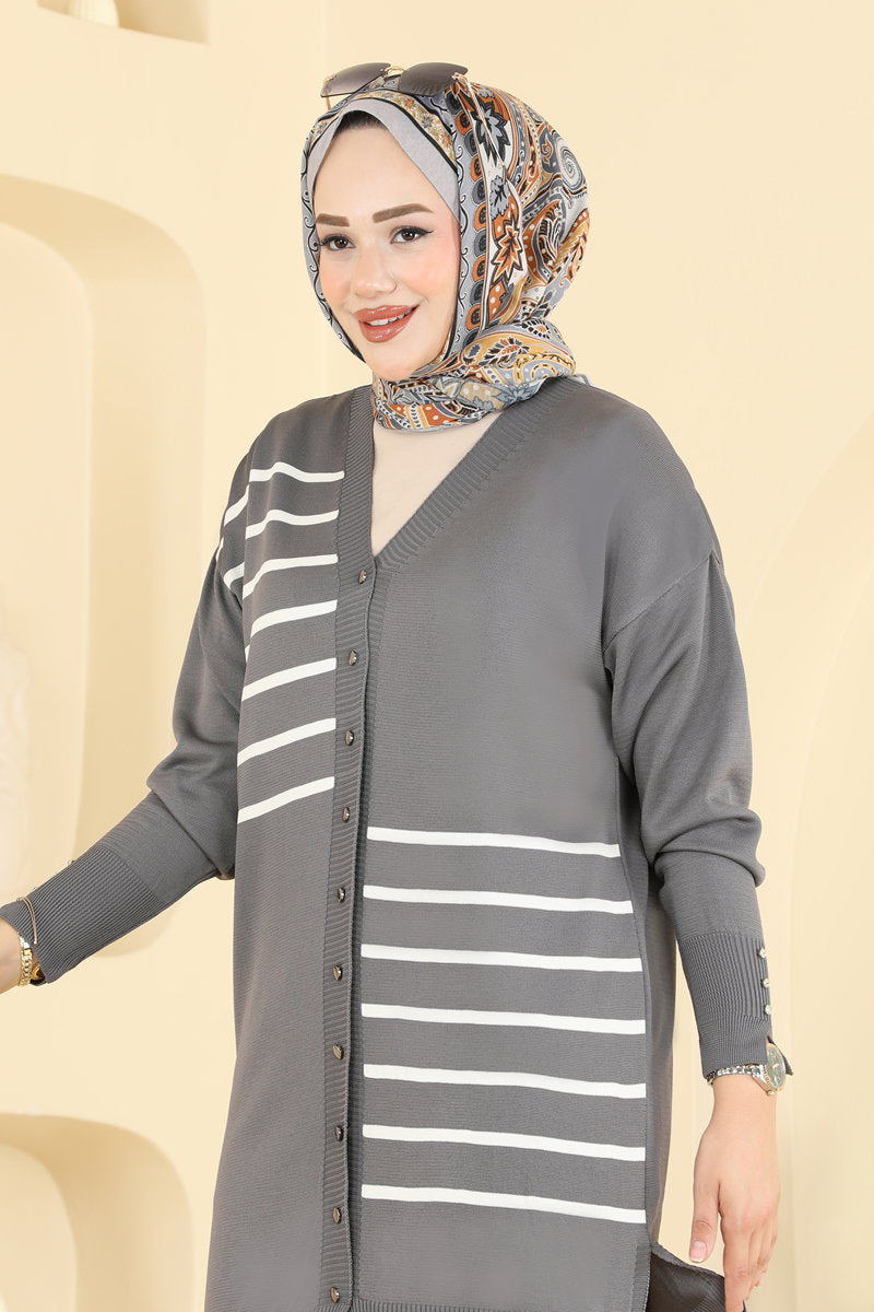 Striped Mercerised Cardigan - Charcoal