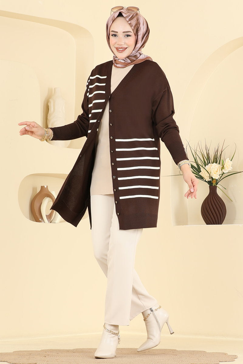 Striped Mercerised Cardigan - Brown