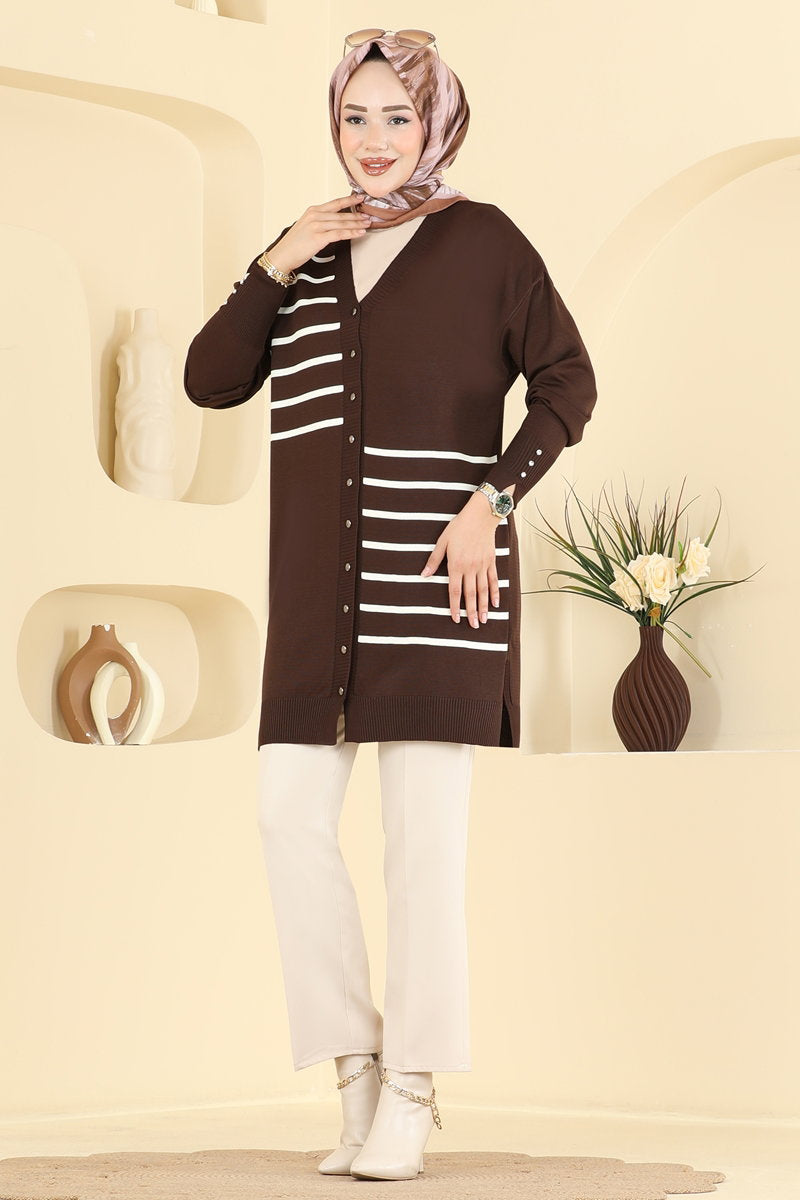 Striped Mercerised Cardigan - Brown