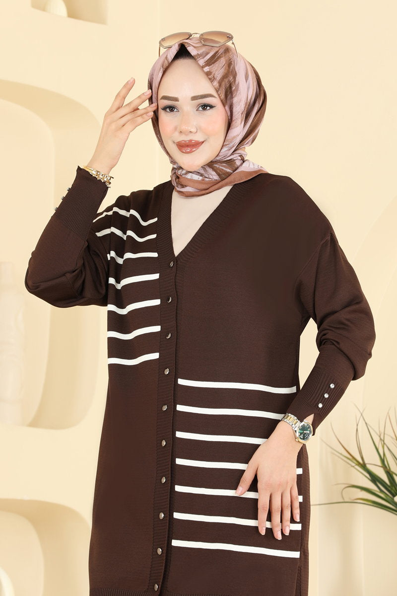 Striped Mercerised Cardigan - Brown