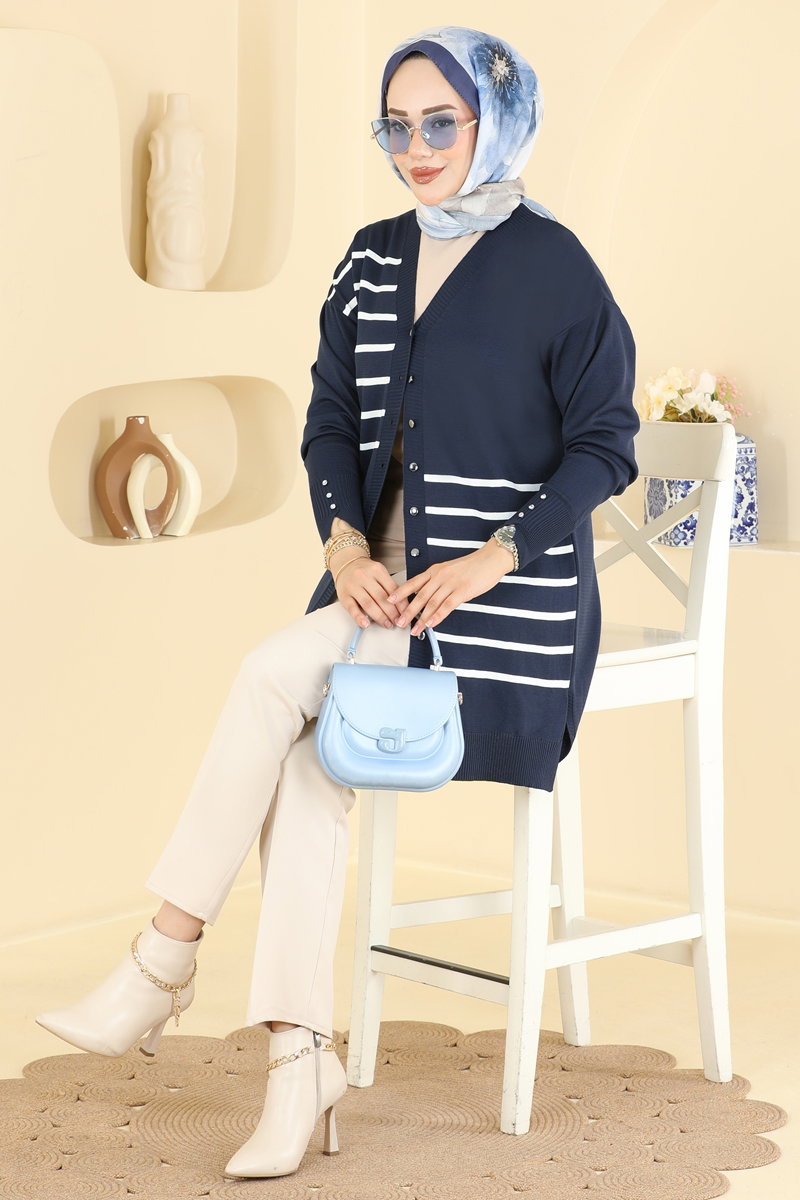 Striped Mercerised Cardigan - Navy